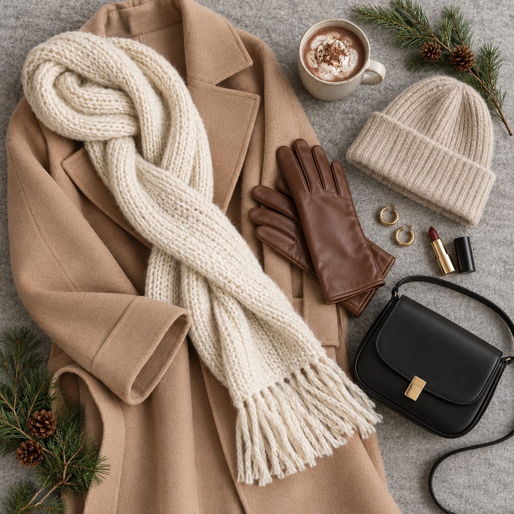 Manteau camel en laine, écharpe crème, gants en cuir, bonnet, petit sac et rouge à lèvres posés à plat