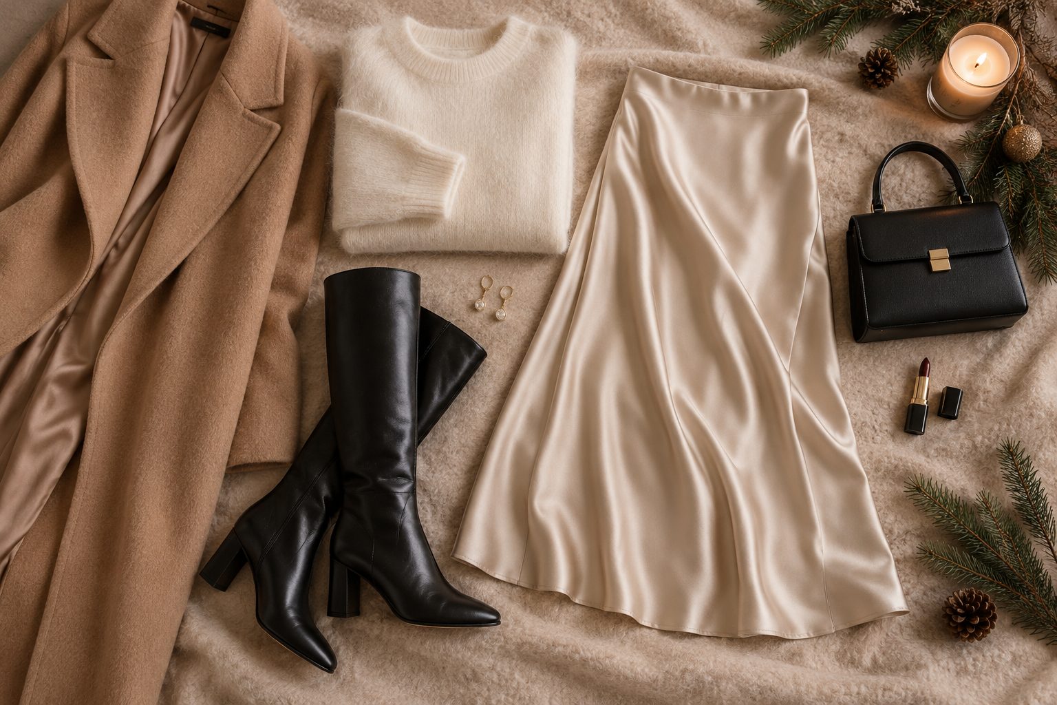 Tenue de premier rendez-vous d'hiver posée à plat : pull crème en maille, jupe midi satinée, manteau camel et bottes en cuir noir