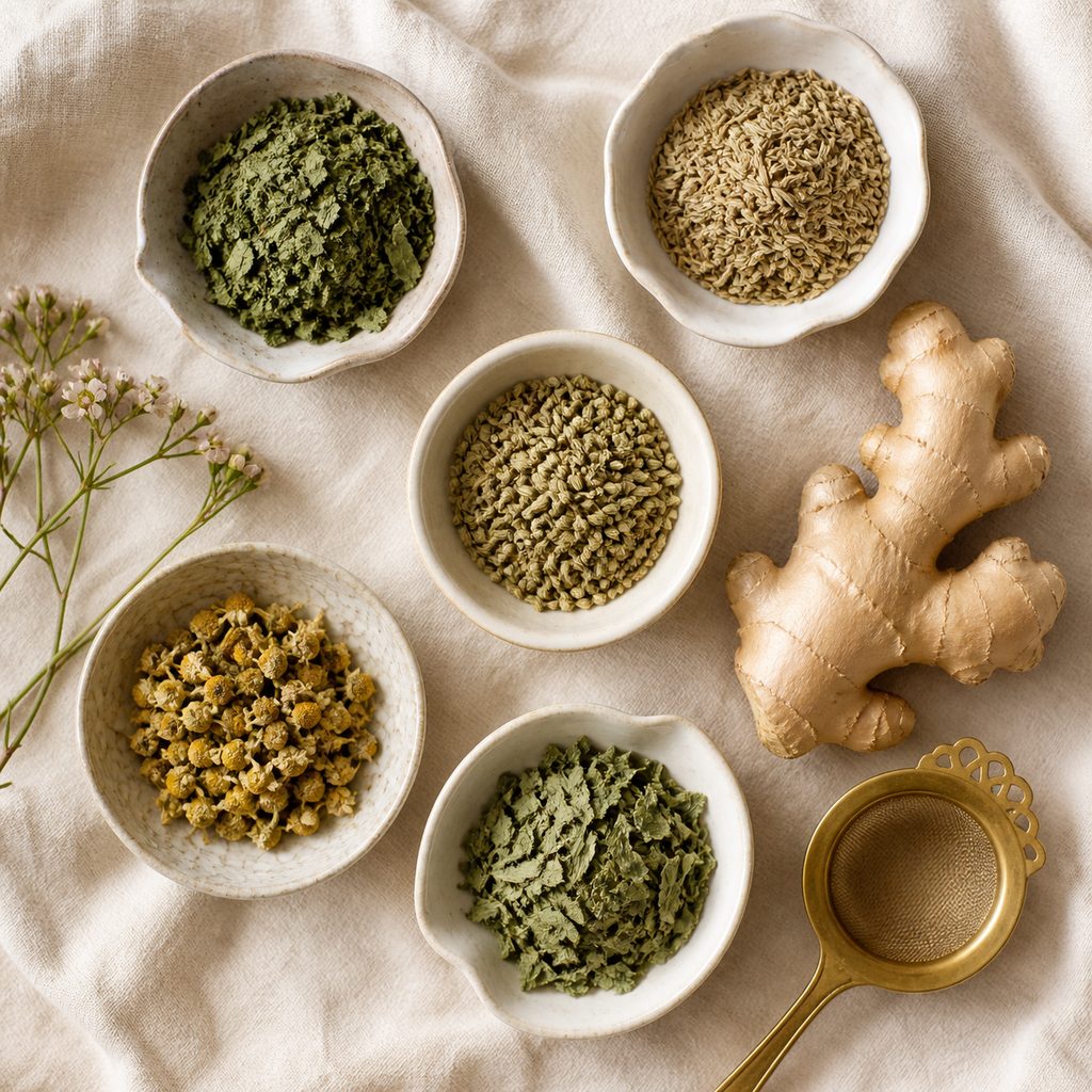Menthe poivrée, fenouil, anis vert, camomille, mélisse et gingembre présentés dans de petits bols