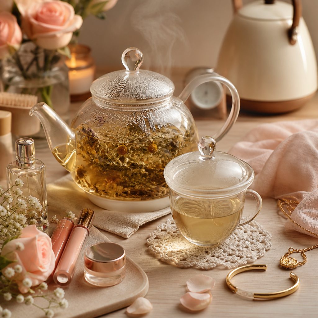 Théière en verre avec des plantes en infusion et une tasse couverte pour garder la vapeur