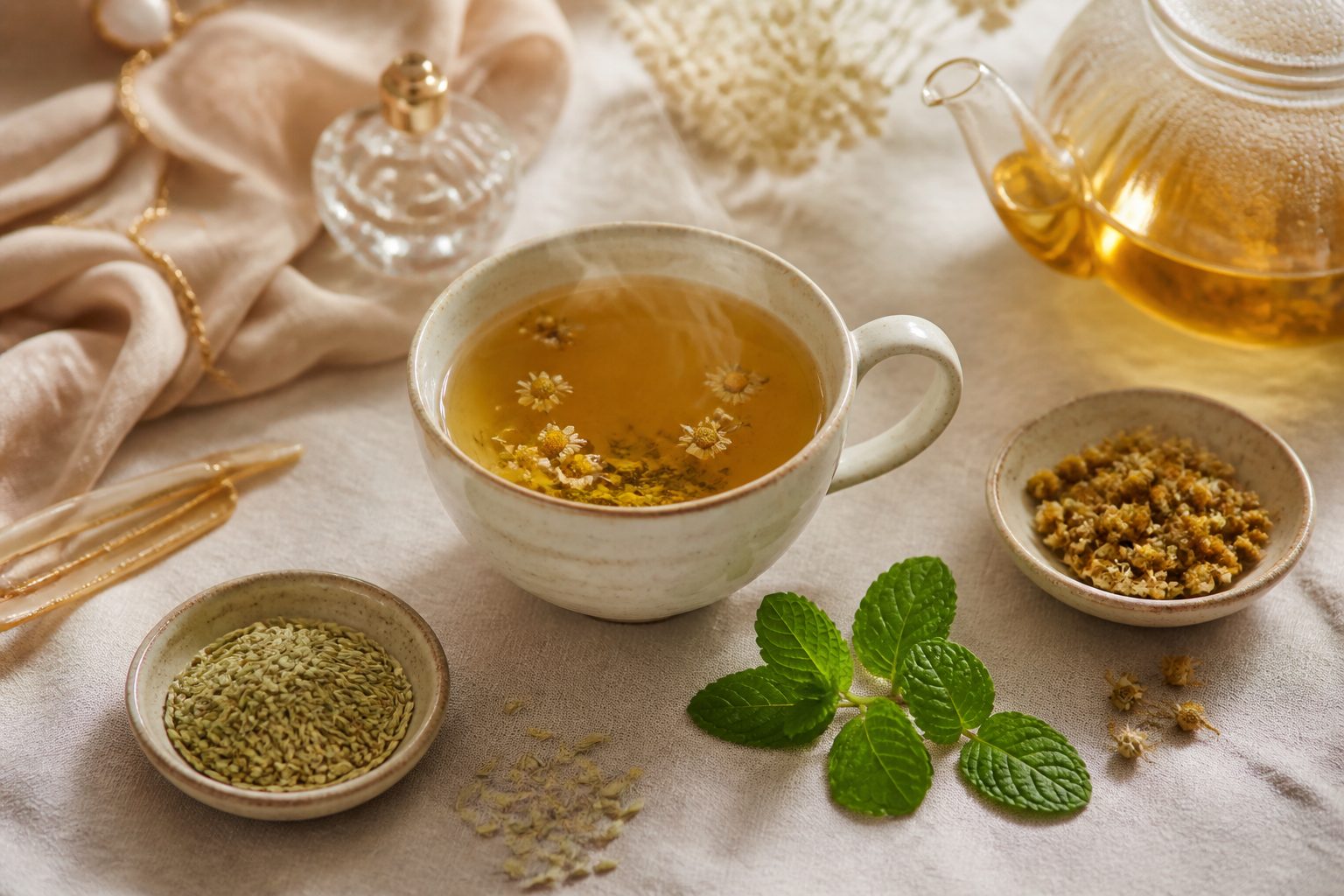 Tasse d'infusion fumante posée près de fleurs de camomille séchées, dans une lumière douce de fin de journée