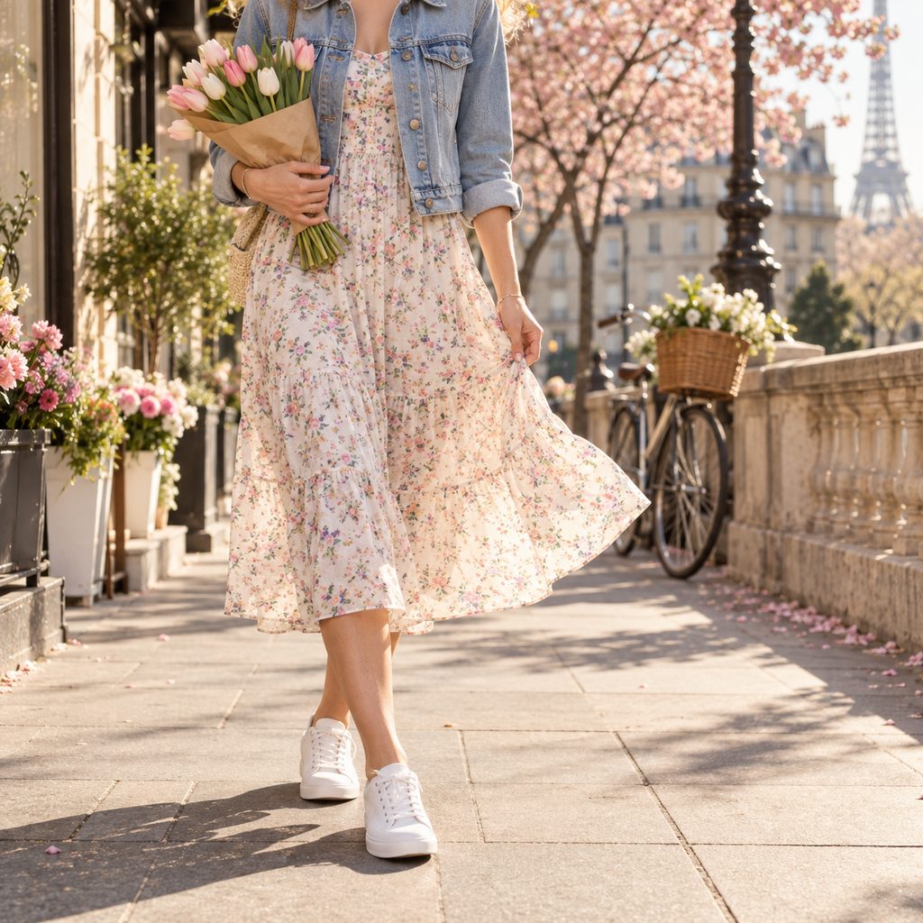 Robe fleurie midi portée avec une veste en jean courte aux manches retroussées