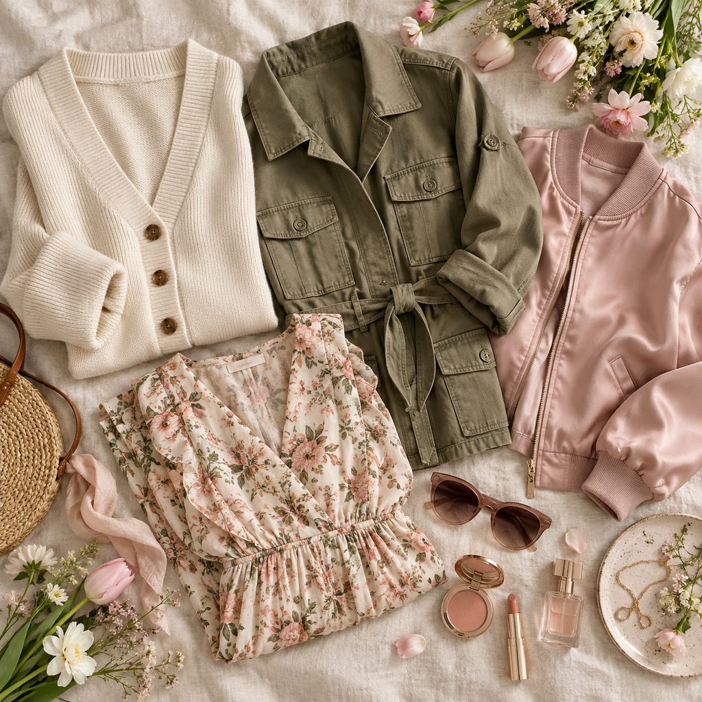 Cardigan en maille fine, veste saharienne kaki et bomber satiné posés à côté d'une robe à fleurs