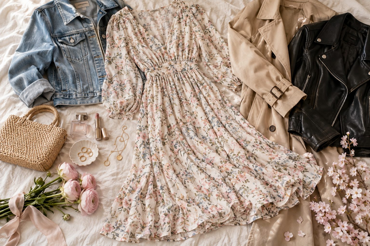 Robe fleurie posée à plat avec une veste en jean, un trench beige et un perfecto autour