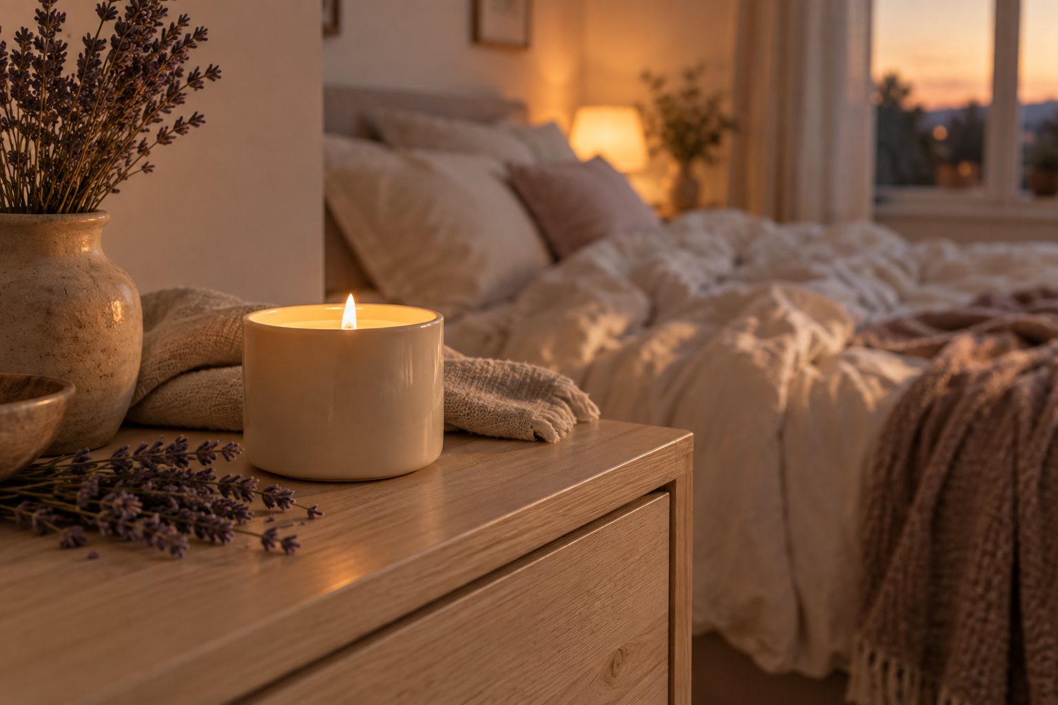 Bougie parfumée allumée dans un pot en céramique, posée sur une commode près d'un bouquet de lavande séchée et de draps en lin