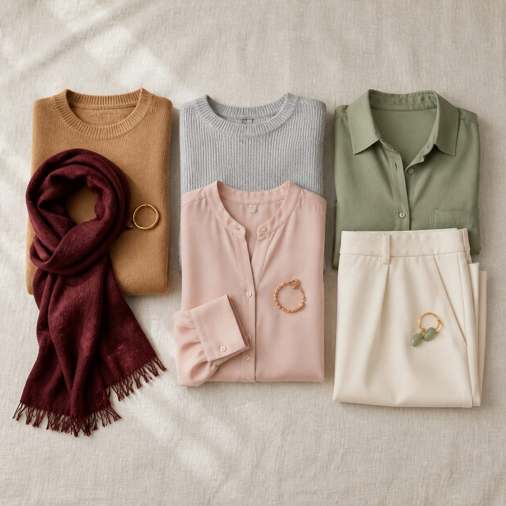 Trois associations de couleurs de vêtements présentées côte à côte à plat