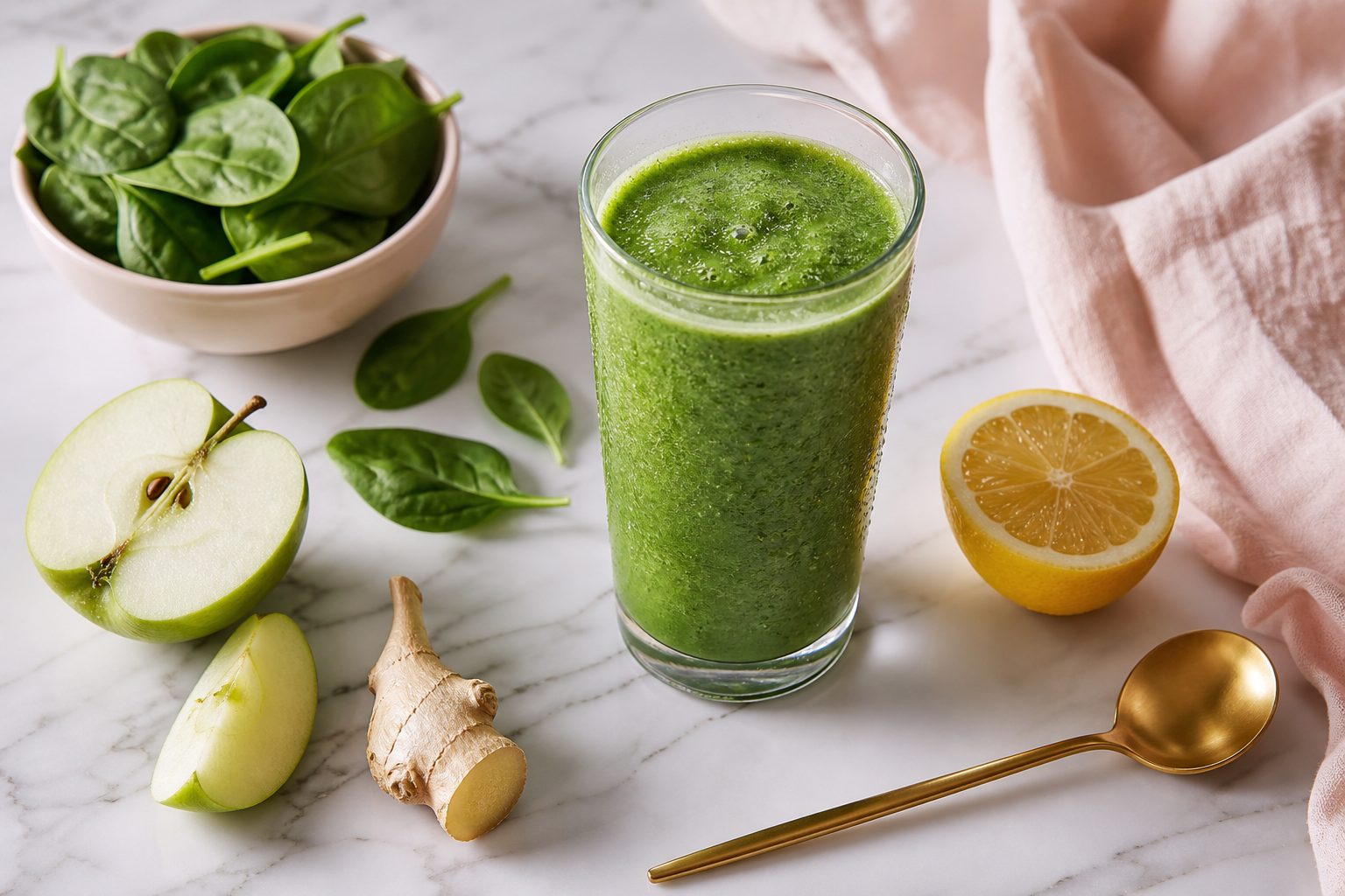 Smoothie vert dans un verre entouré de pomme, épinards frais et citron sur une table claire