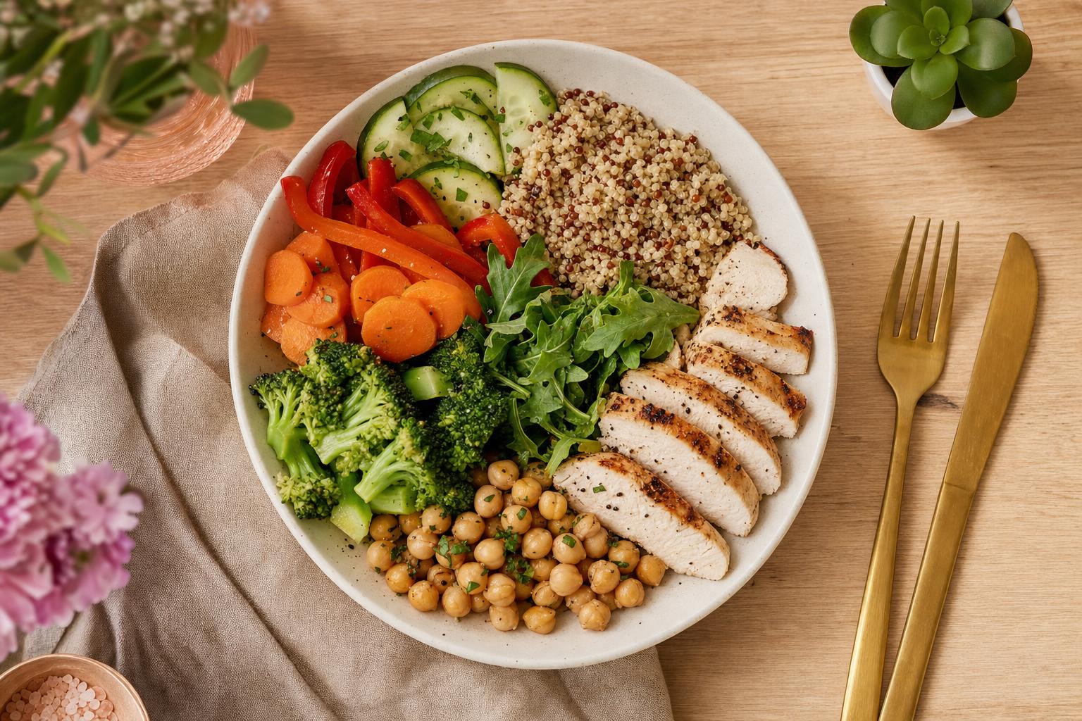 Assiette équilibrée composée de légumes colorés, de céréales complètes et d'une source de protéines posée sur une table en bois