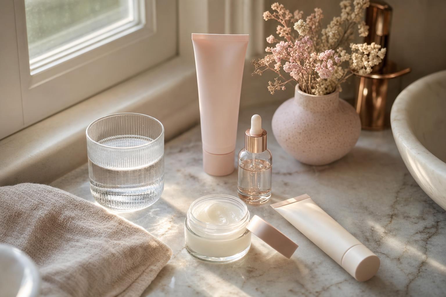 Produits de soin du visage posés sur un plan de salle de bain dans la lumière douce du matin