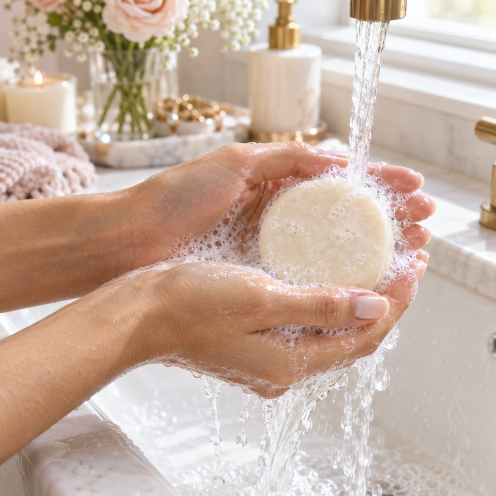 Mains qui font mousser un shampoing solide sous un filet d'eau avant de l'appliquer sur les cheveux