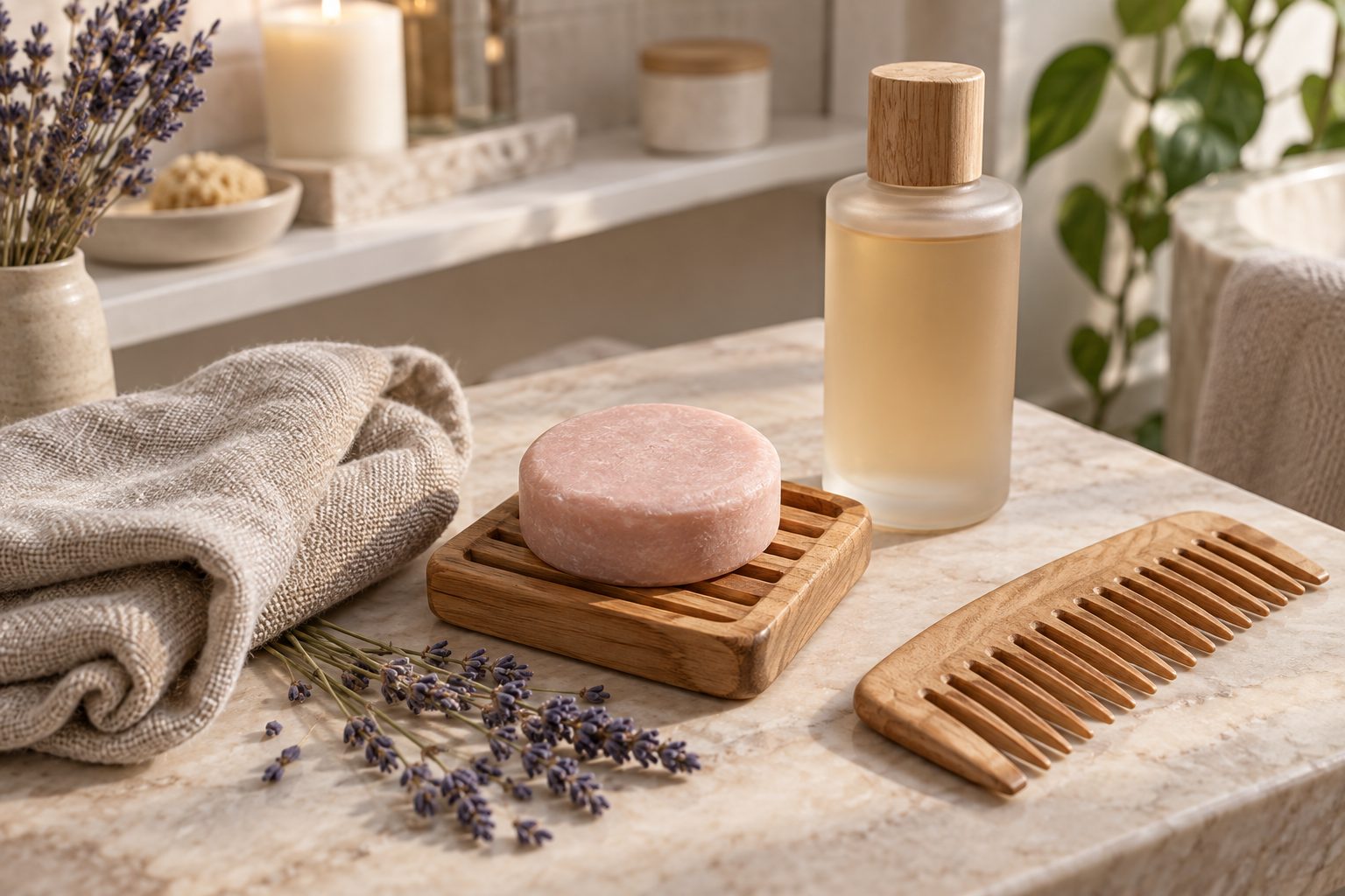 Un pain de shampoing solide rose pâle posé à côté d'un flacon de shampoing liquide en verre, sur une serviette en lin claire