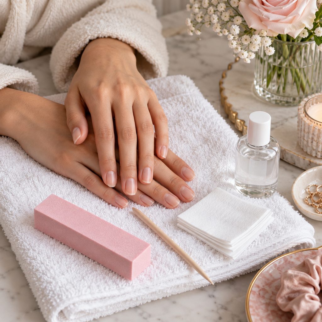Préparation des ongles avant une pose de semi-permanent : polissoir, bâtonnet et cleaner sur une serviette