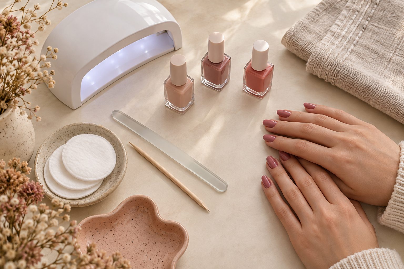 Kit de vernis semi-permanent maison avec petite lampe LED, flacons rose poudré et mains à la manucure brillante